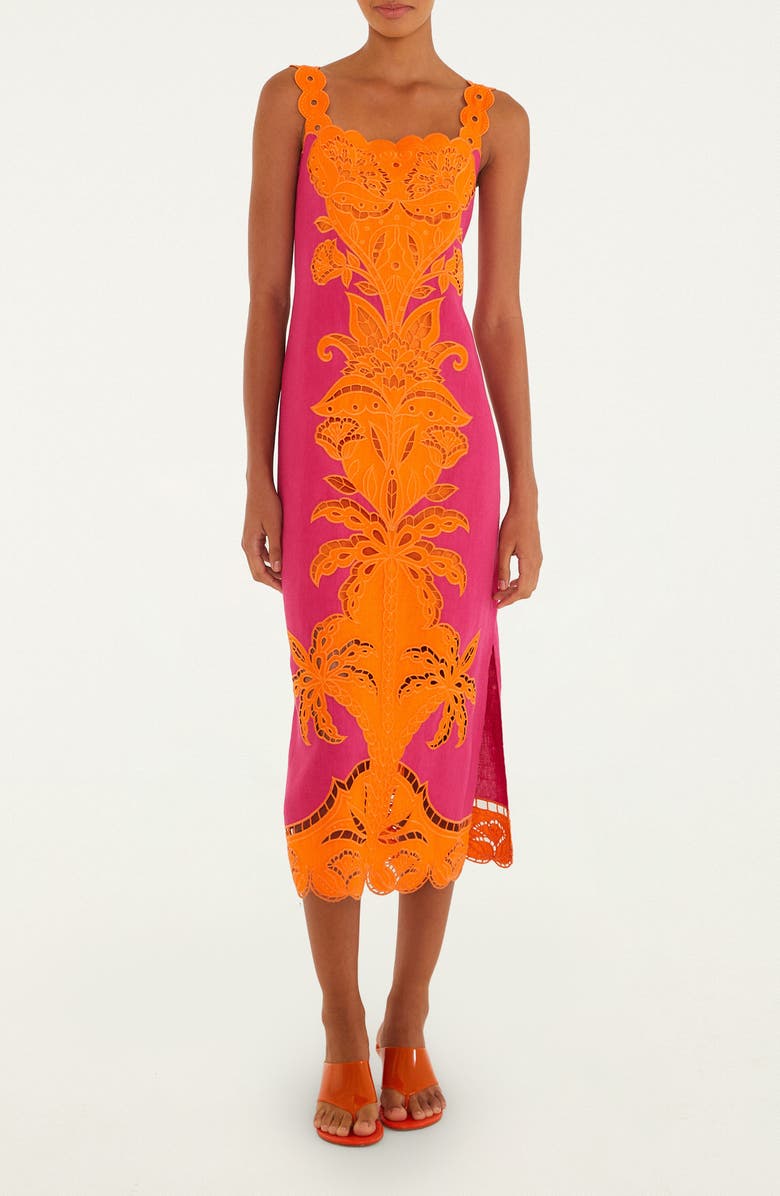 FARM Rio Cutwork Detail Linen Dress, Main, color, Pink And Orange