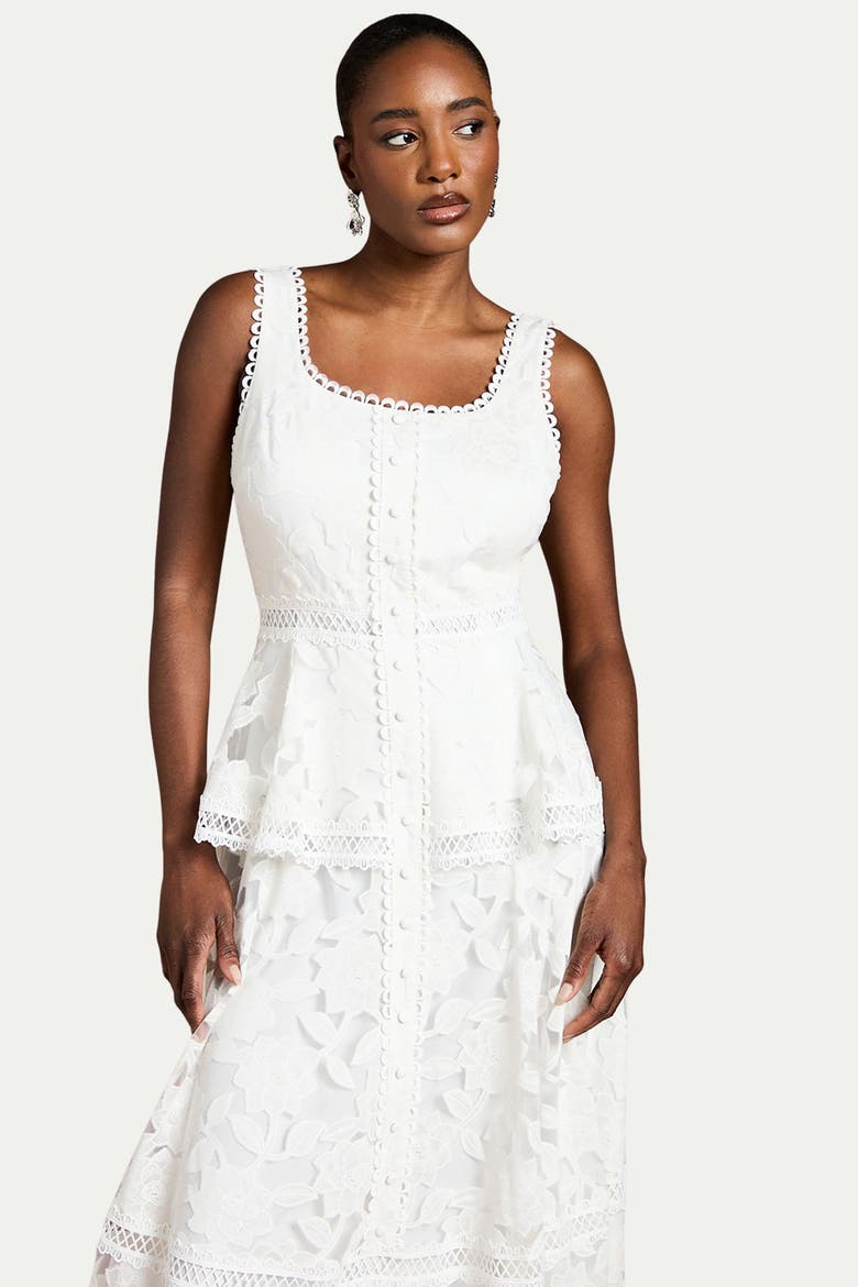 Peplum Hem Button Down Lace Midi Dress, Alternate, color, Ivory