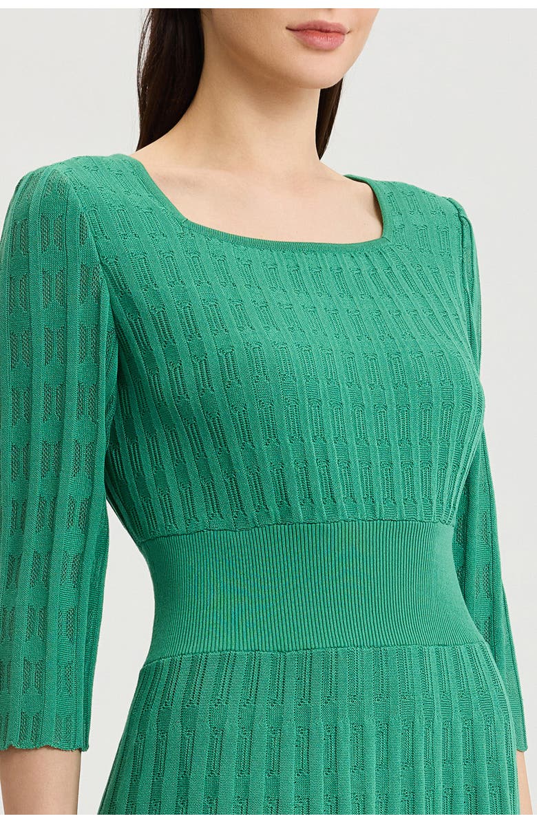 Ming Wang Linear Pointelle Tonal Knit Fit-N-Flare Midi Dress, Alternate, color, Kelly Green