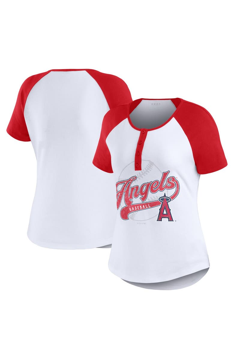 WEAR by Erin Andrews Women's WEAR by Erin Andrews White/Red Los Angeles Angels Henley Raglan T-Shirt, Alternate, color, 