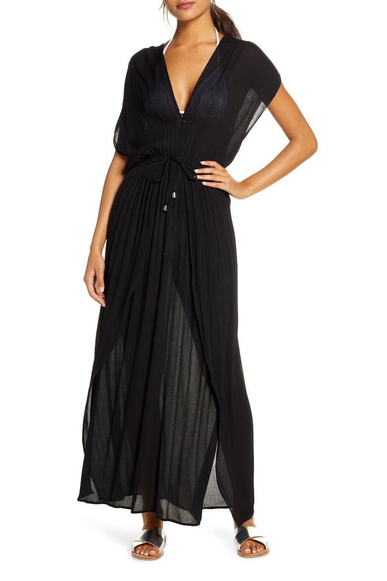 Wrap Maxi Cover-Up Dress, Main, color, BLACK
