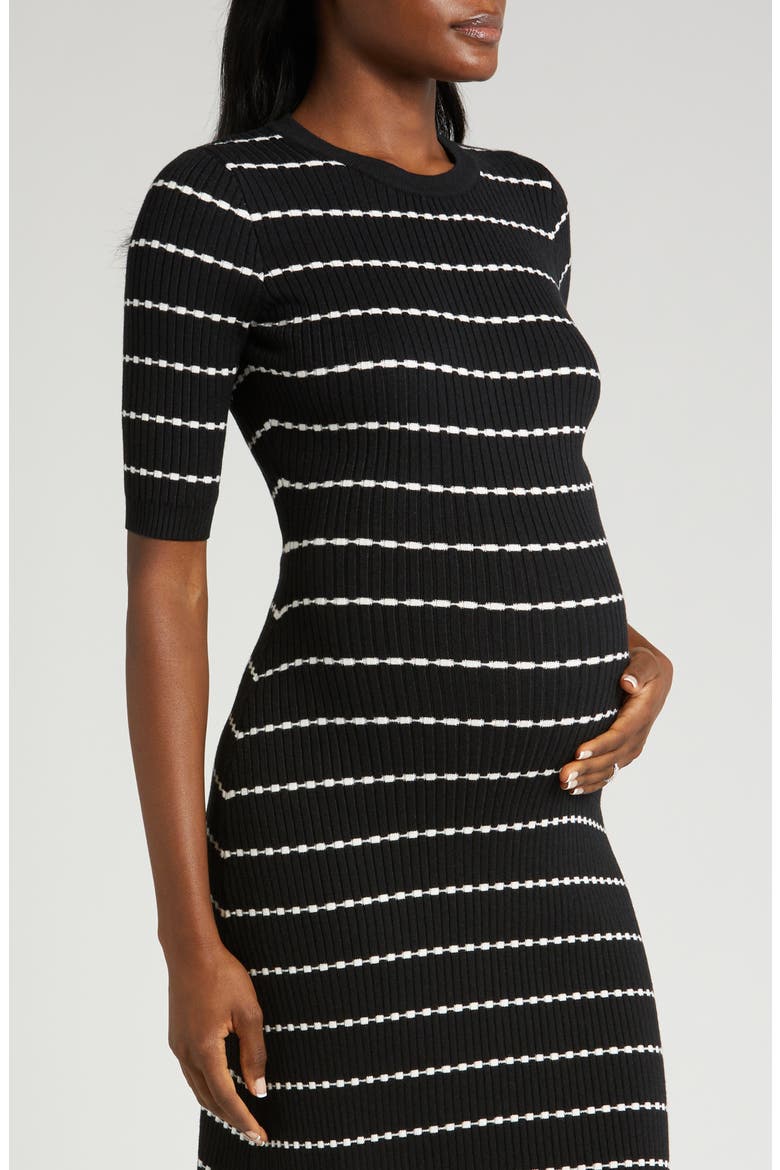 Women's Knee Length Striped Maternity & Nursing Sweater Dress in Cotton Knit, Alternate, color, BLACK & WHITE