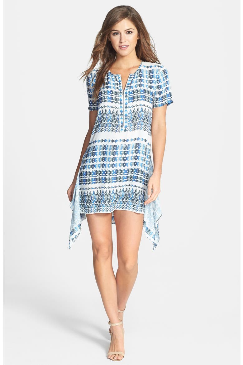 'Renae' Print Side Drape Georgette Shirtdress, Main, color, LARKSPUR BLUE COMBO
