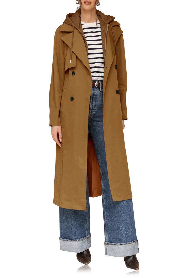 Double Breasted Trench Coat with Hooded Quilted Dickey, Alternate, color, COCO