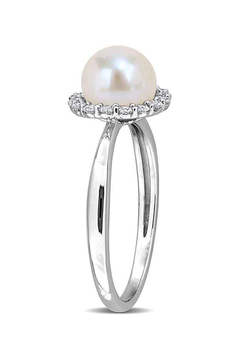 Cultured Pearl and Created White Sapphire Halo Ring, Alternate, color, WHITE