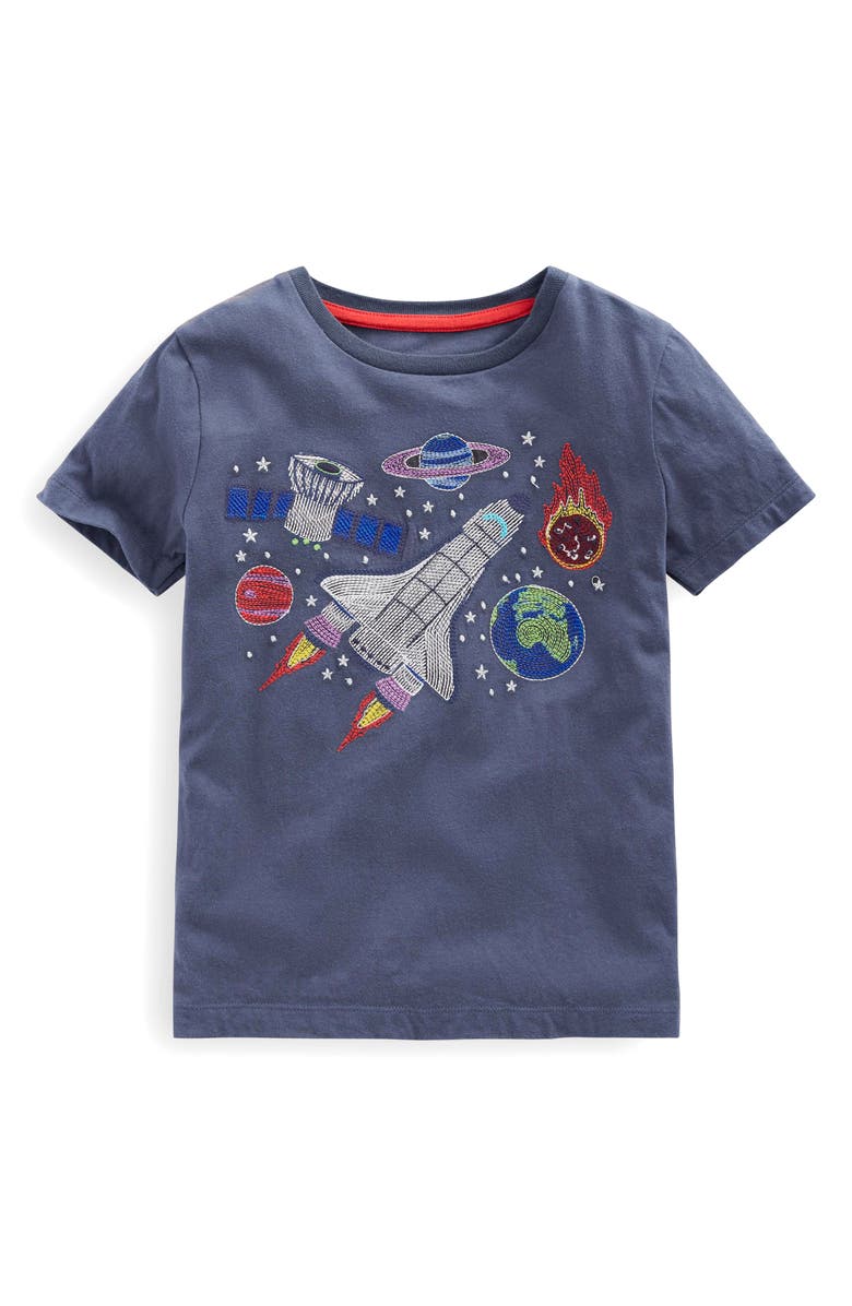 Mini Boden Kids' Spacecraft Embroidered Glow in the Dark T-Shirt, Main, color, 