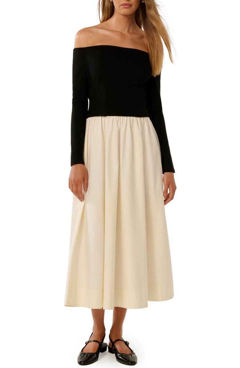 Ever New Savannah Off the Shoulder Long Sleeve Midi Dress, Main, color, Black / Cream
