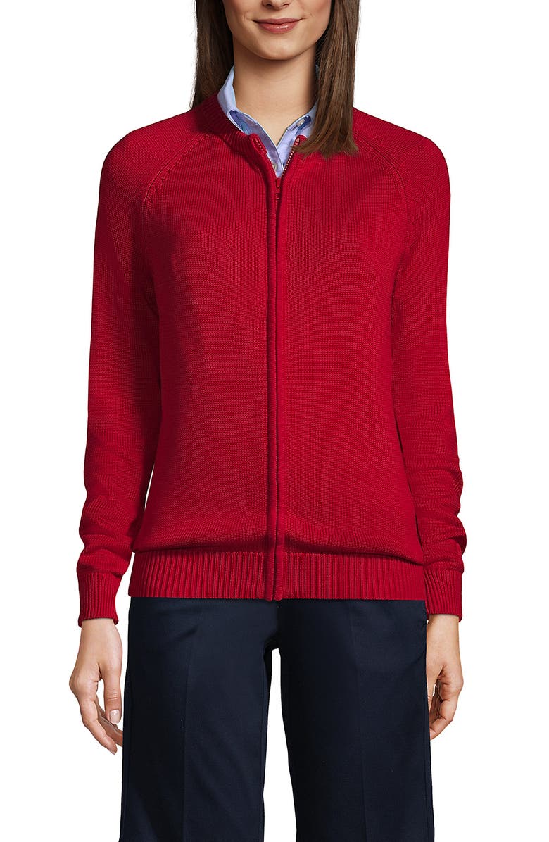Lands' End School Uniform  Cotton Modal Zip-front Cardigan Sweater, Main, color, Red