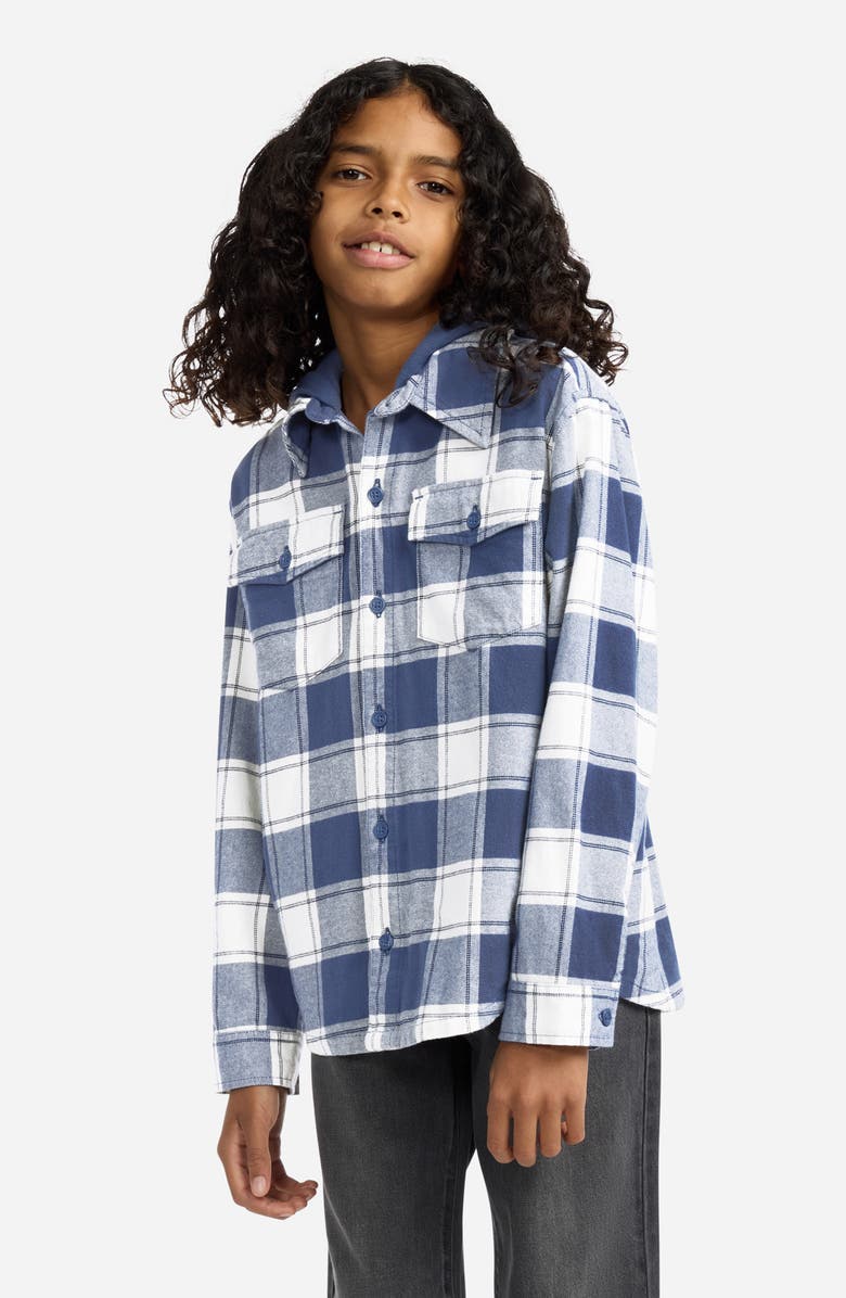 abercrombie kids Kids' Hooded Flannel Button-Up Shirt, Alternate, color, Vintage Indigo