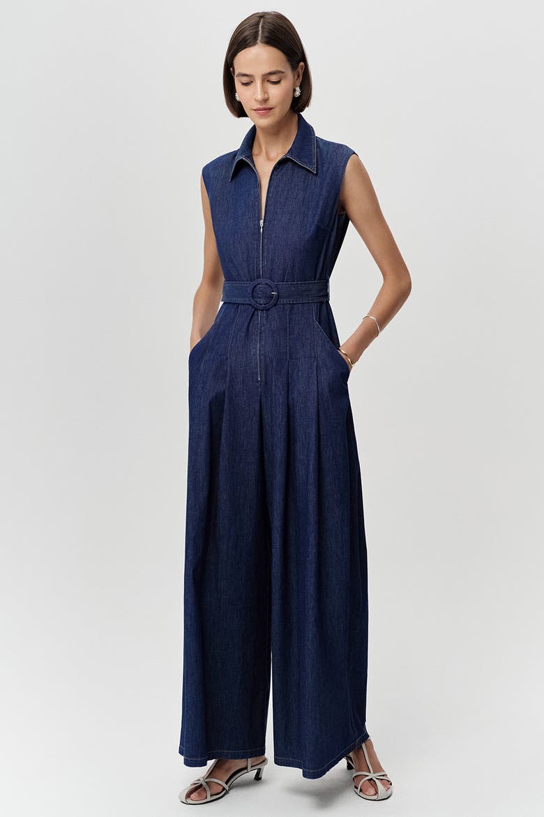 Keith Sleeveless Front Zipper Belted Denim Jumpsuit, Alternate, color, Blue
