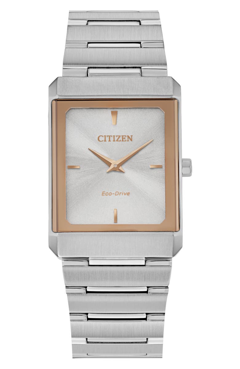 Citizen Stiletto Eco-Drive Rectangle Stainless Steel Bracelet Watch, 25mm, Main, color,