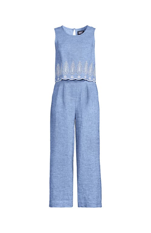 Lands' End Linen Sleeveless Embroidered Jumpsuit In Soft Blue Eyelet