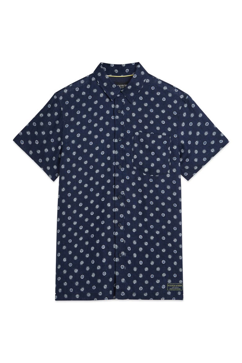 Star Flower Print Short Sleeve Linen Button-Up Shirt, Alternate, color, FOULARD DRESS BLUES