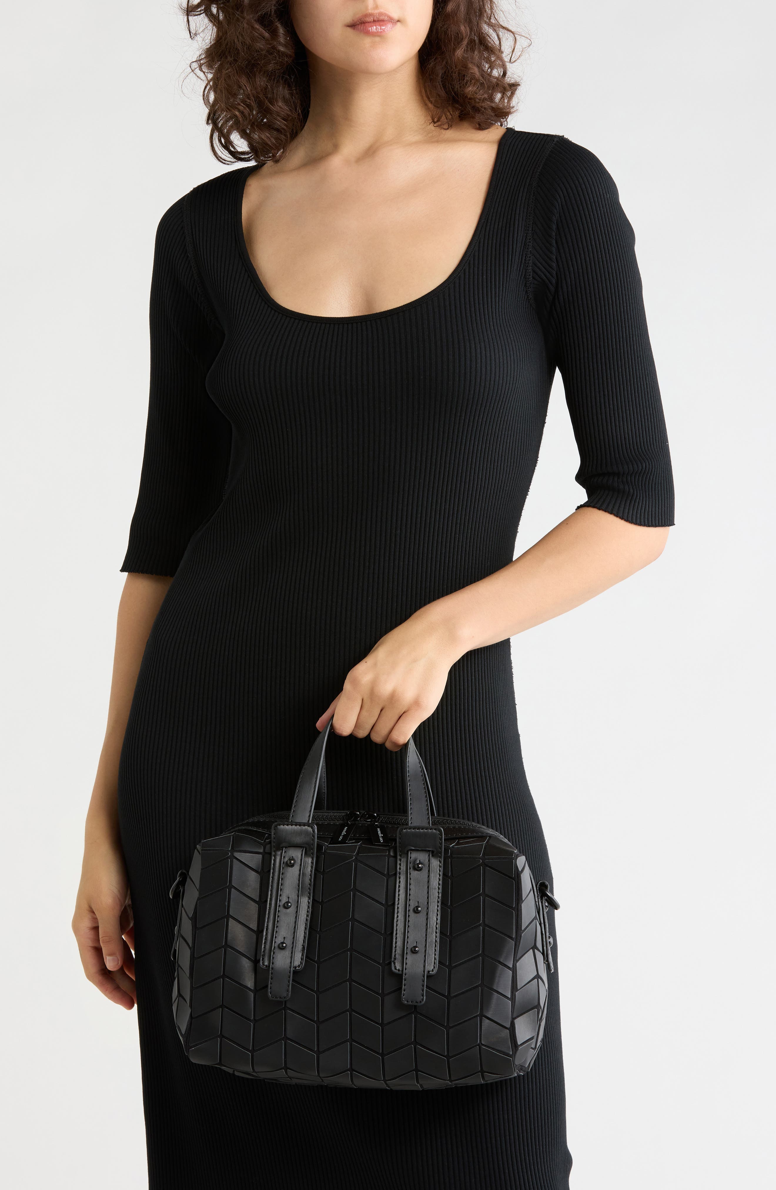 Chevron Faux Leather Satchel, Alternate, color, BLACK