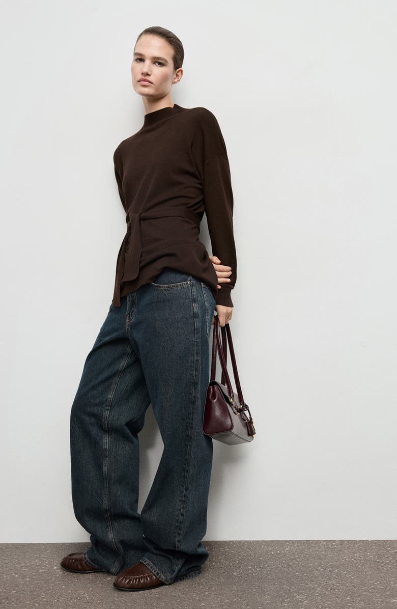 MANGO Tie Waist Mock Neck Sweater, Alternate, color, Chocolate