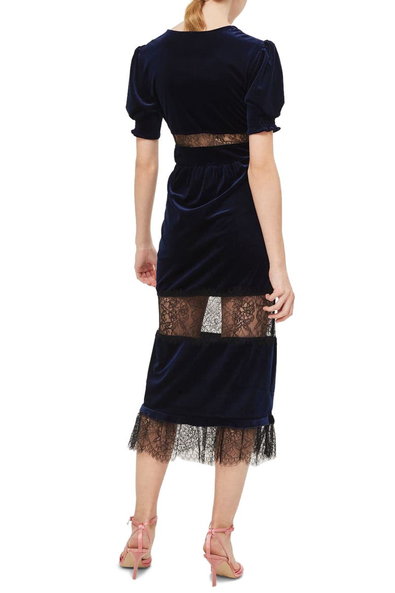 Velvet & Lace Puff Sleeve Midi Dress, Alternate, color, NAVY BLUE