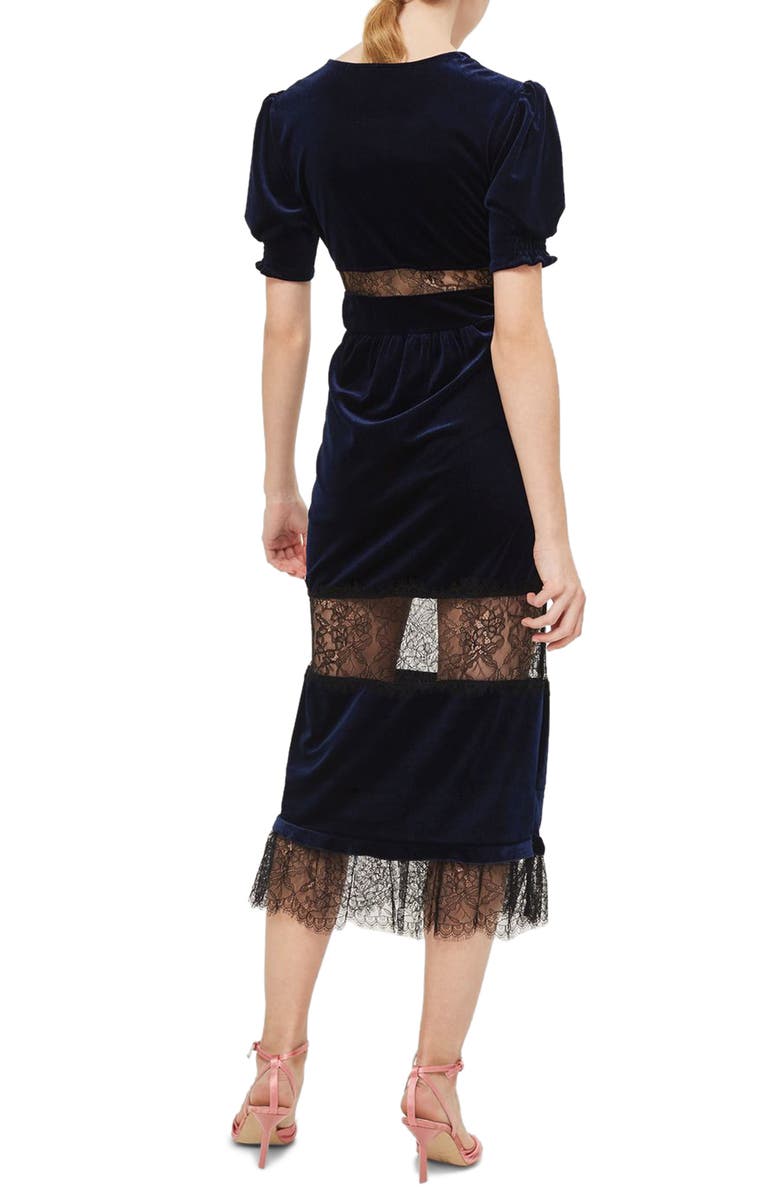Topshop Velvet & Lace Puff Sleeve Midi Dress, Alternate, color,
