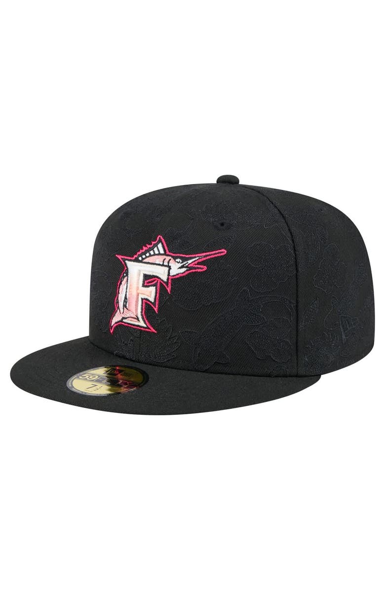 New Era Men's New Era Black Florida Marlins Cooperstown Collection Tonal Koi 59FIFTY Fitted Hat, Main, color, 