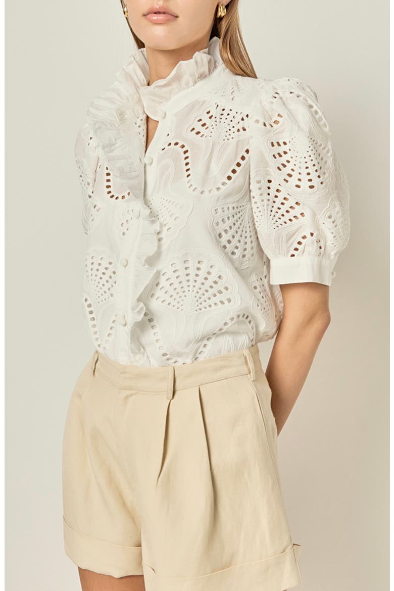 Embroidered Ruffle Eyelet Cotton Top, Alternate, color, WHITE
