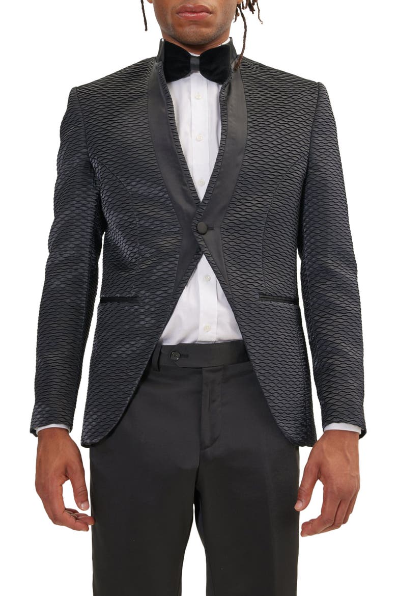 Textured Satin Tuxedo Jacket, Main, color, BLACK