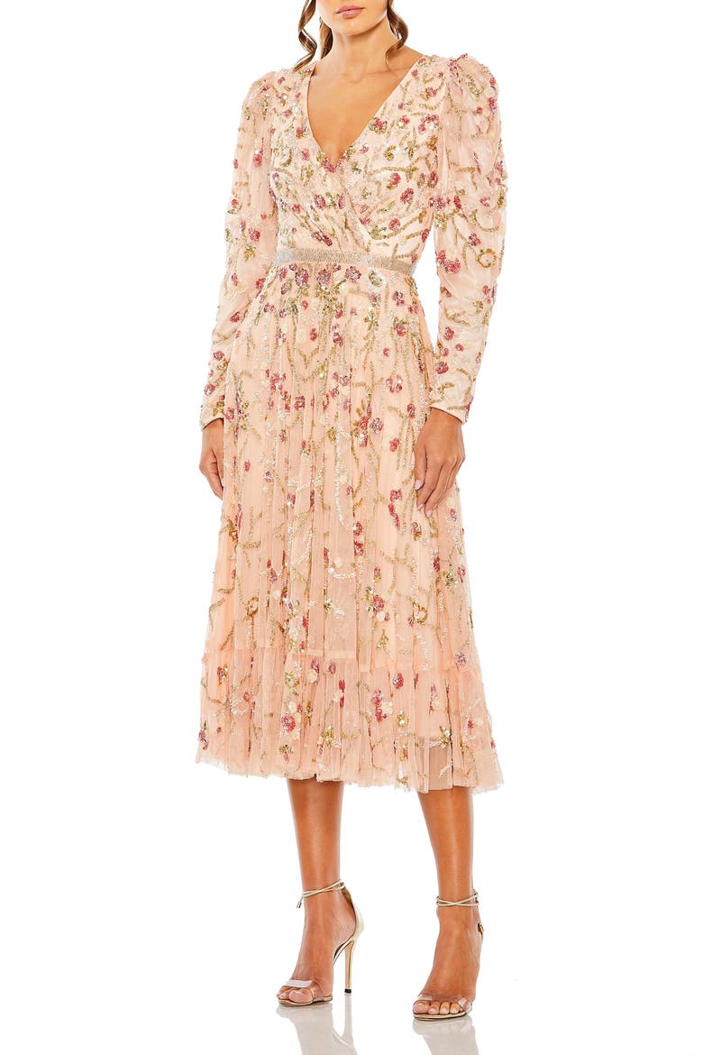Floral Embellished Wrap Over Puff Sleeve A Line Gown, Main, color, Blush Multi