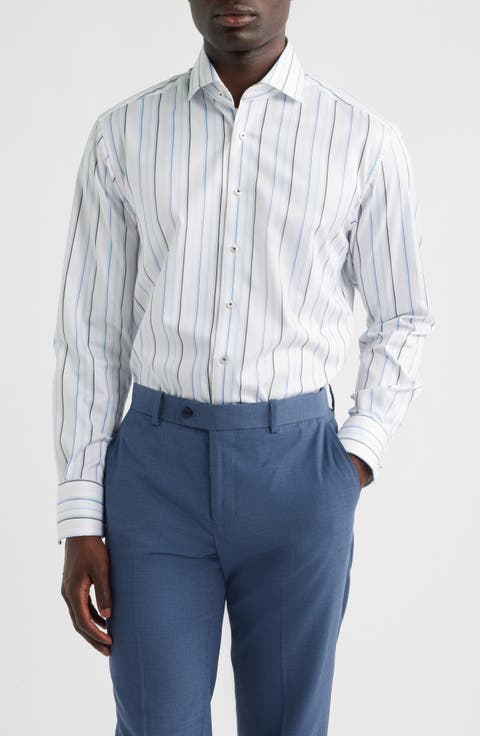 Modern Fit Stripe Non-Iron Cotton Twill Dress Shirt (Regular & Big)