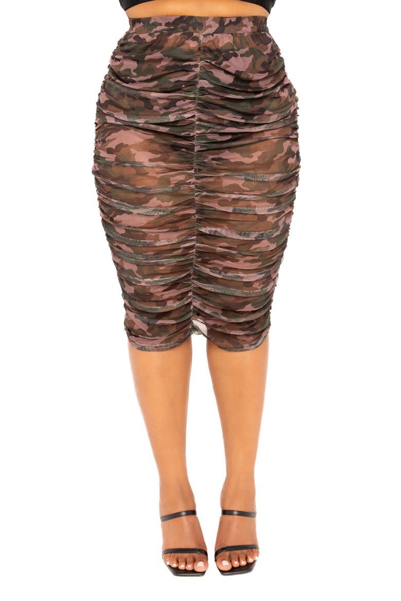 Camo Semisheer Mesh Button-Up Shirt & Body-Con Skirt, Alternate, color, GREEN MULTI
