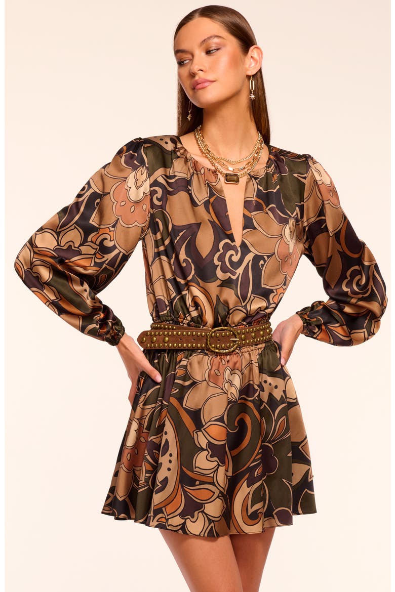 Gloria Print Long Sleeve Stretch Silk Minidress, Alternate, color, BOHO BROWN COMBO