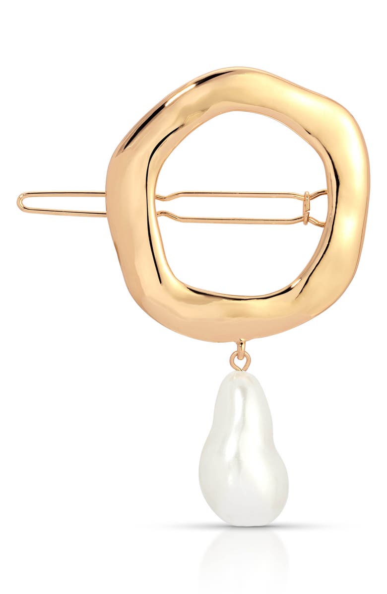 Ettika Open Circle Imitation Pearl Barrette, Main, color, Gold