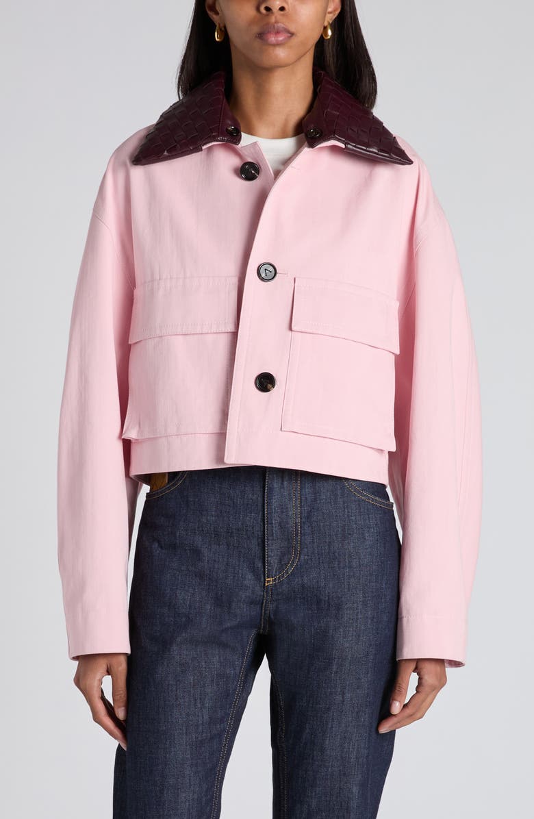 Bottega Veneta Cotton Twill Crop Jacket with Removable Intrecciato Leather Collar, Main, color, 