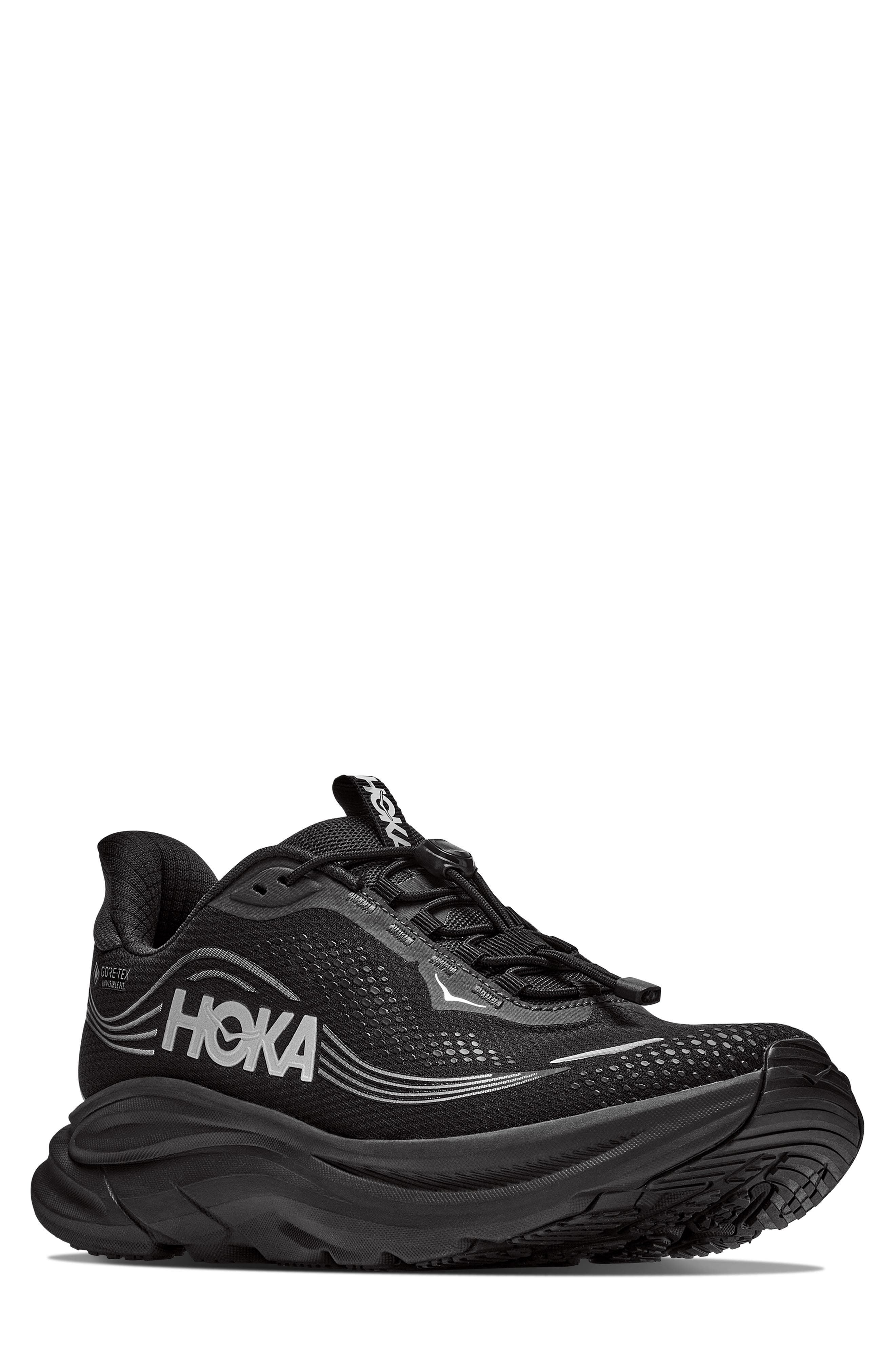Clifton 11 Gore-Tex Water Repellent Running Shoe, Main, color, BLACK / BLACK