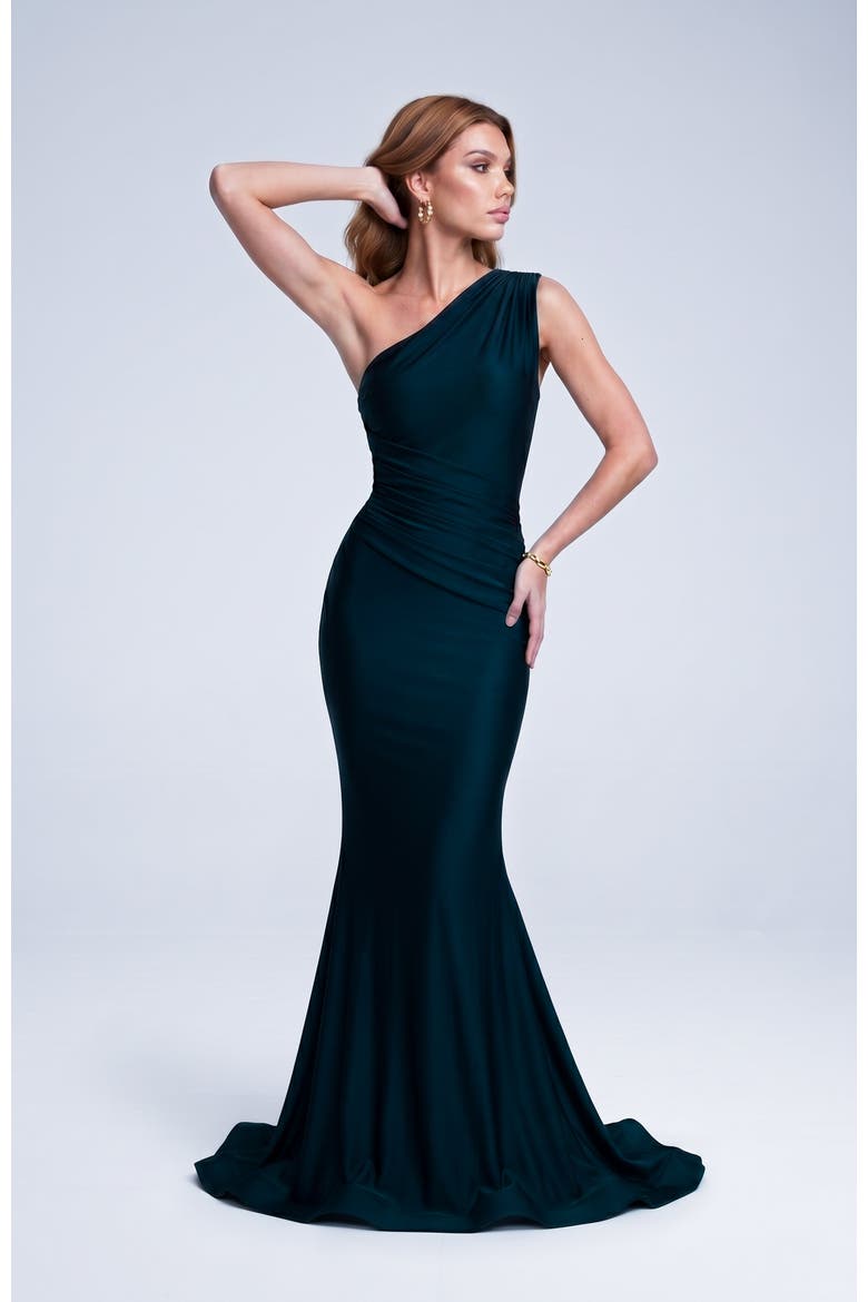 One Shoulder Ruched Mermaid Evening Gown, Main, color, Black
