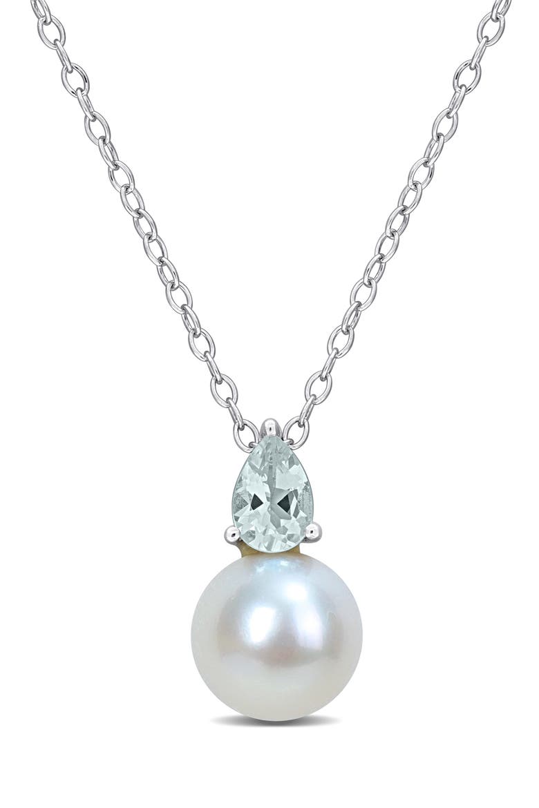 Aquamarine & Freshwater Pearl Pendant Necklace, Main, color, BLUE