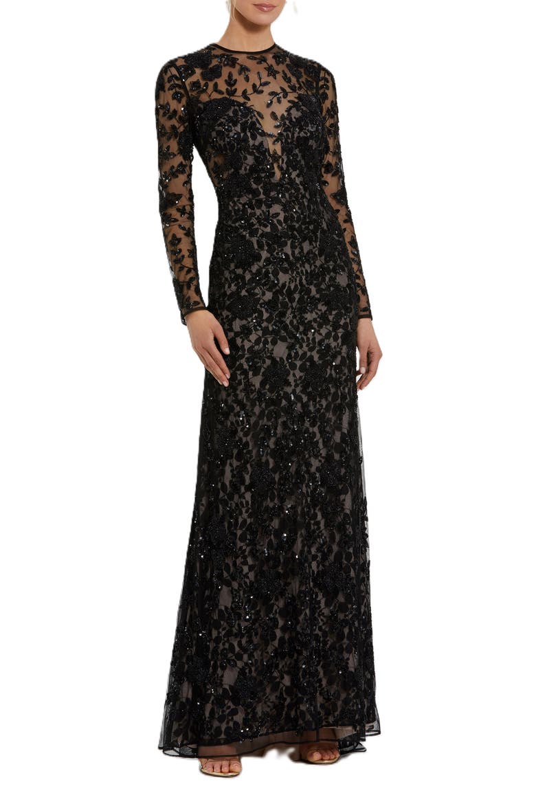 Long Sleeve Floral Embellished Gown, Main, color, Black Nude