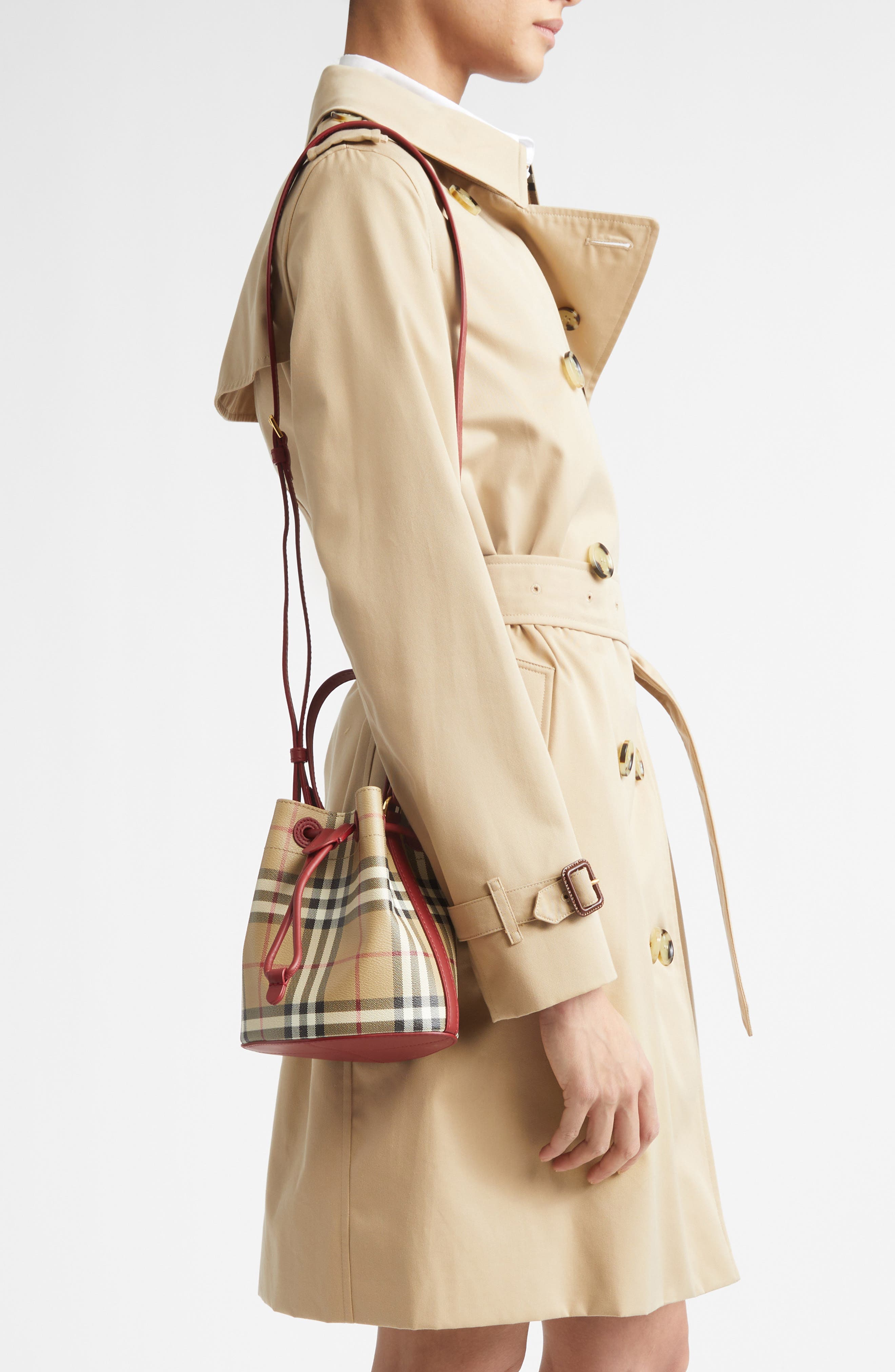 Burberry Mini Check Bucket Bag, Alternate, color, Archive Beige /Ruby Red