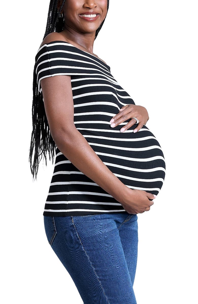 MOTHERHOOD MATERNITY Rib Knit Short Sleeve Off The Shoulder Top, Alternate, color, Black & White Stripe