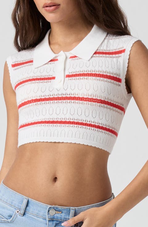 Stripe Pointelle Crop Polo