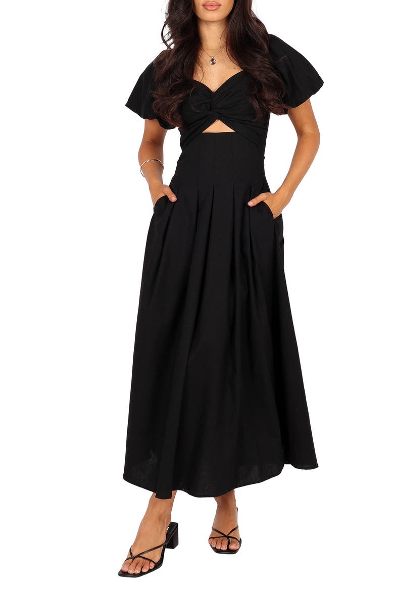 Maria Cutout Puff Sleeve Midi Dress, Main, color, BLACK