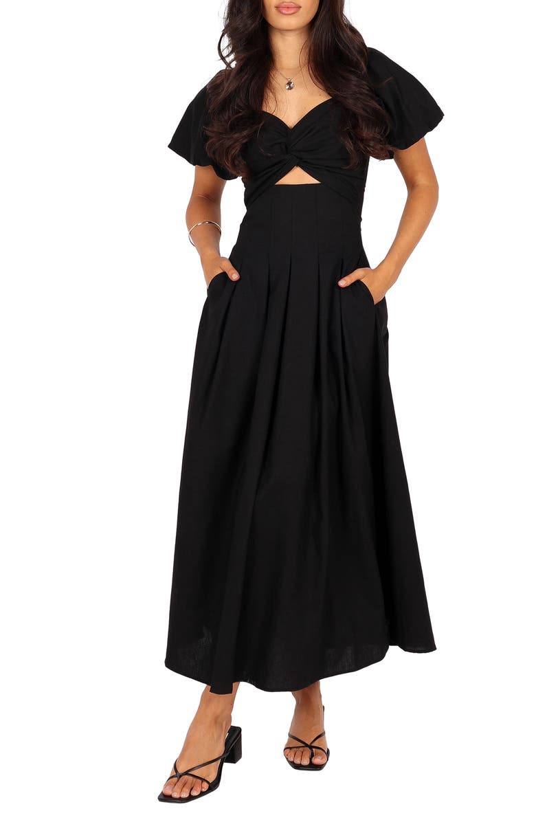 Petal & Pup Maria Cutout Puff Sleeve Midi Dress, Main, color, Black