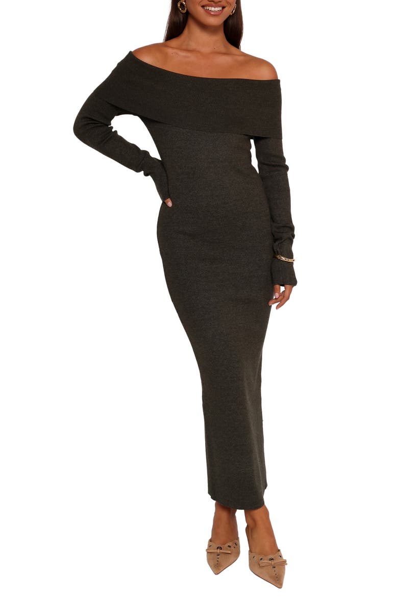 Archie Off the Shoulder Long Sleeve Rib Maxi Sweater Dress, Main, color, OLIVE