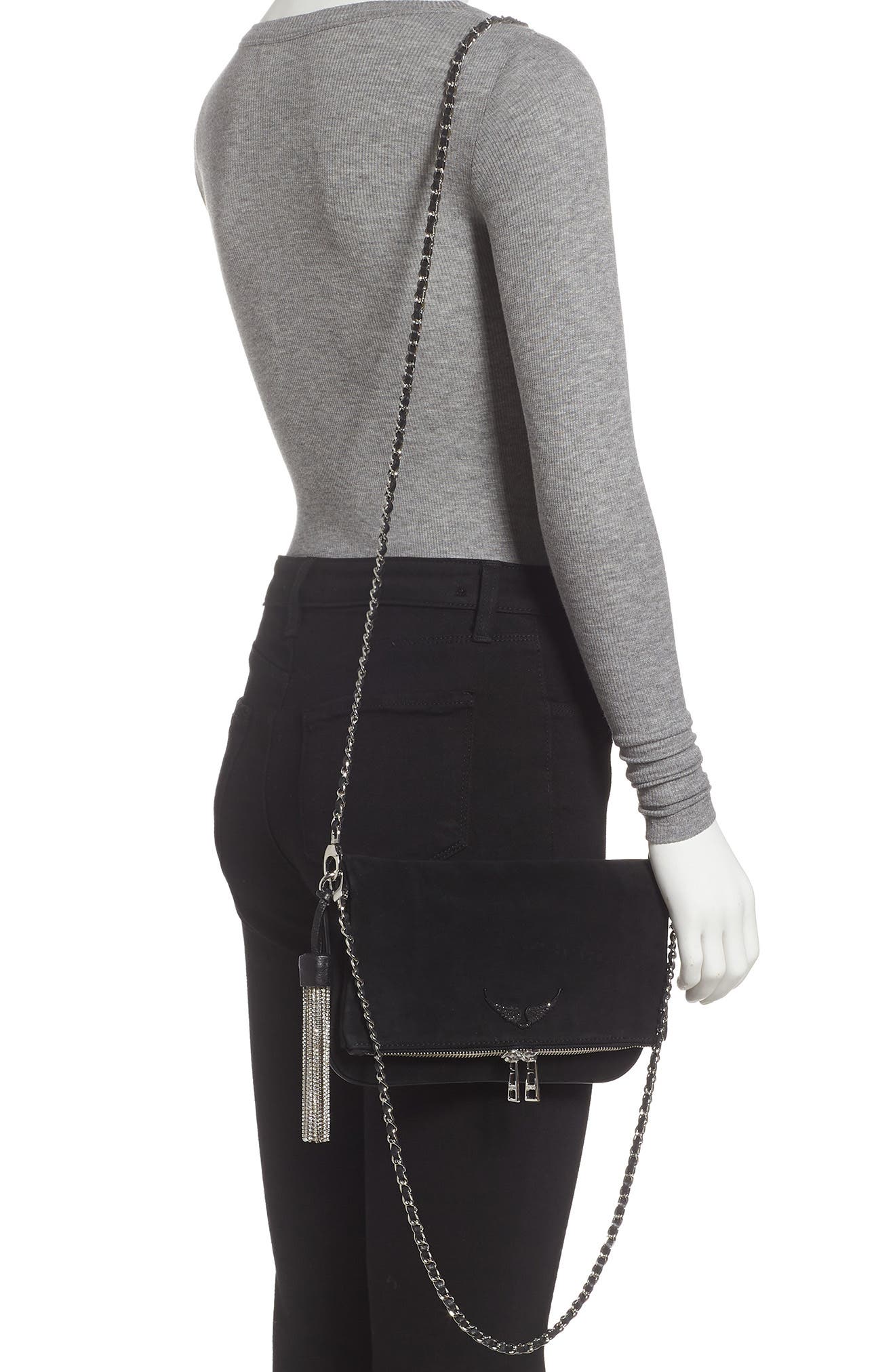 Zadig & Voltaire Rock Tassel Suede Convertible Clutch, Alternate, color, 
