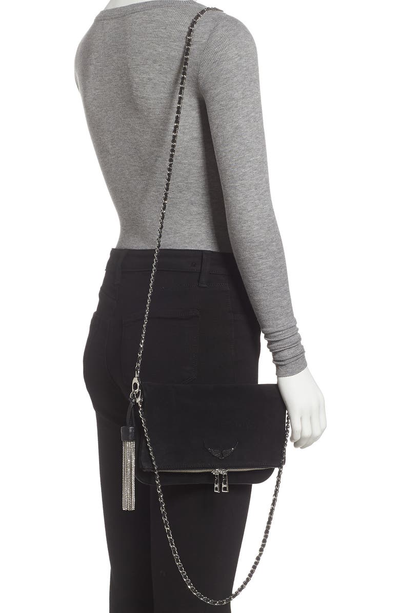 Zadig & Voltaire Rock Tassel Suede Convertible Clutch, Alternate, color,