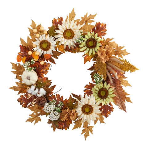 30-in Autumn Sunflower, White Pumpkin and Berries Artificial Fall Wreath