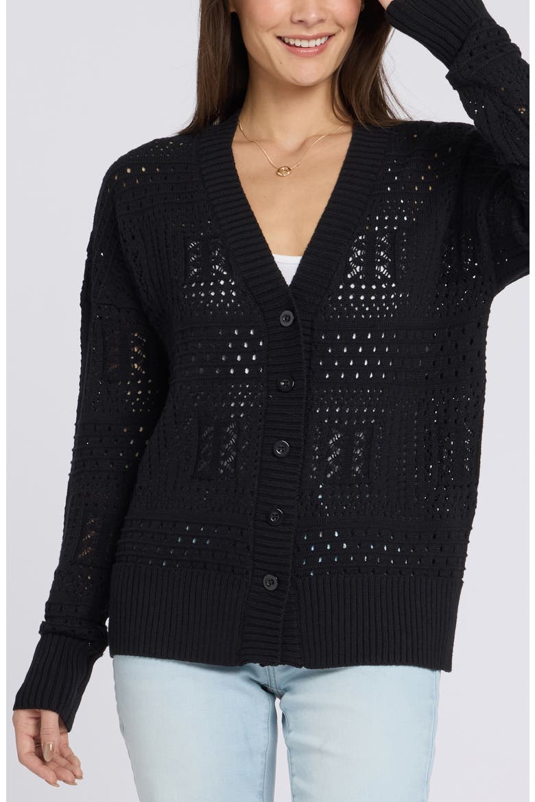 Mixed Open Stitch Cotton Blend Cardigan, Main, color, BLACK