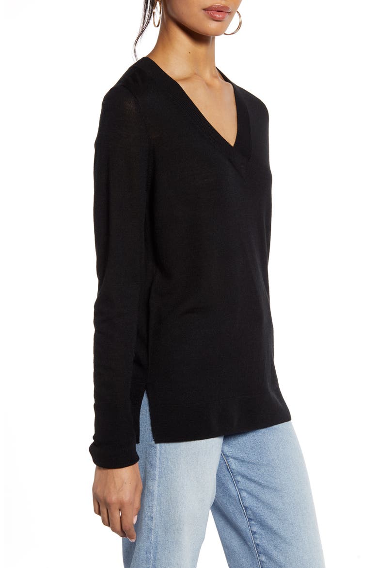 V-Neck Merino Wool Blend Sweater, Alternate, color, BLACK