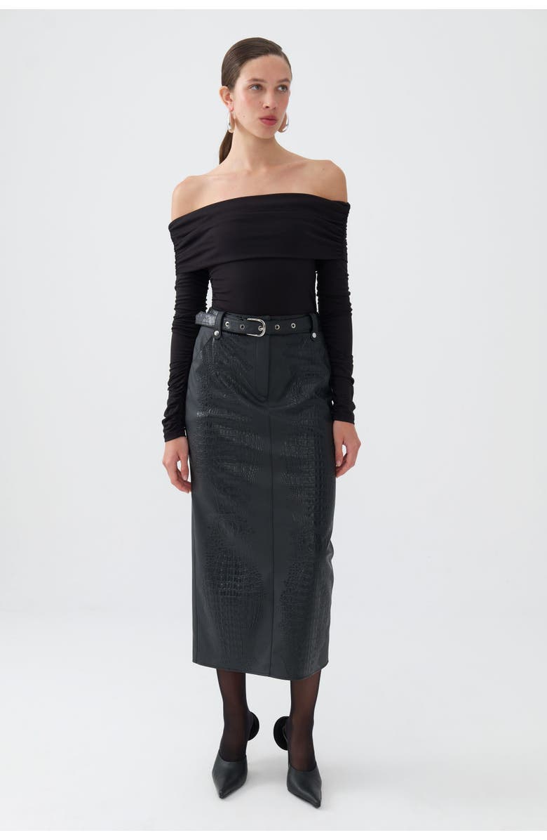 Nocturne Faux Leather Midi Skirt with Belt, Main, color, 
