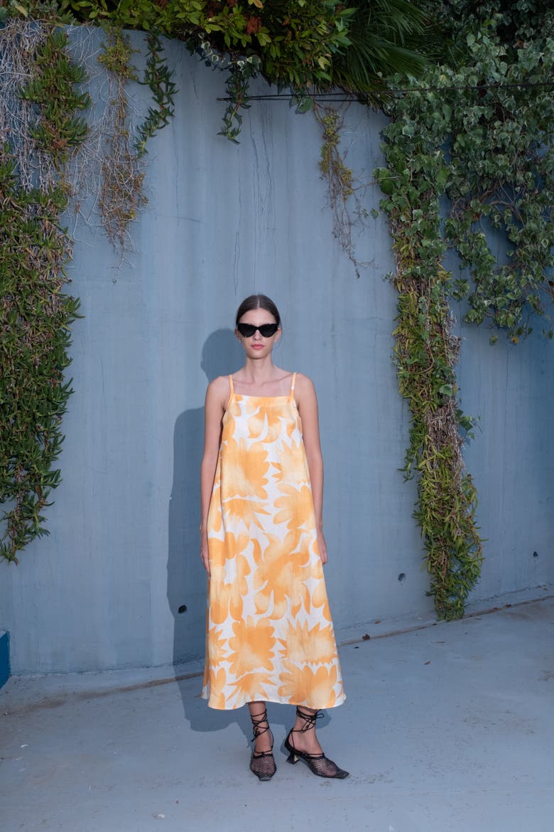 Aleah Lightweight Printed Tie-Strap Midi Dress, Alternate, color, Facula Saffron