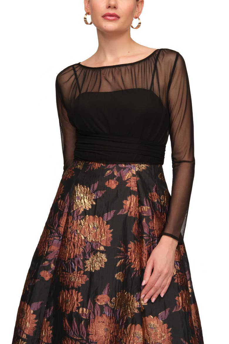 Yuna Long Sleeve Mixed Media Metallic Floral Jacquard Gown, Alternate, color, BLACK MULTI