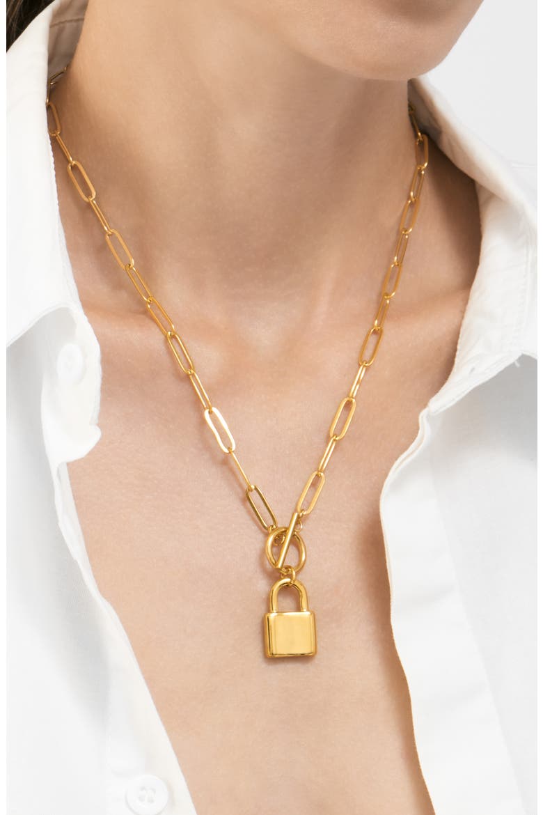 14K Gold Plated Water Resistant Paper Clip Chain Lock Toggle Necklace, Alternate, color, YELLOW