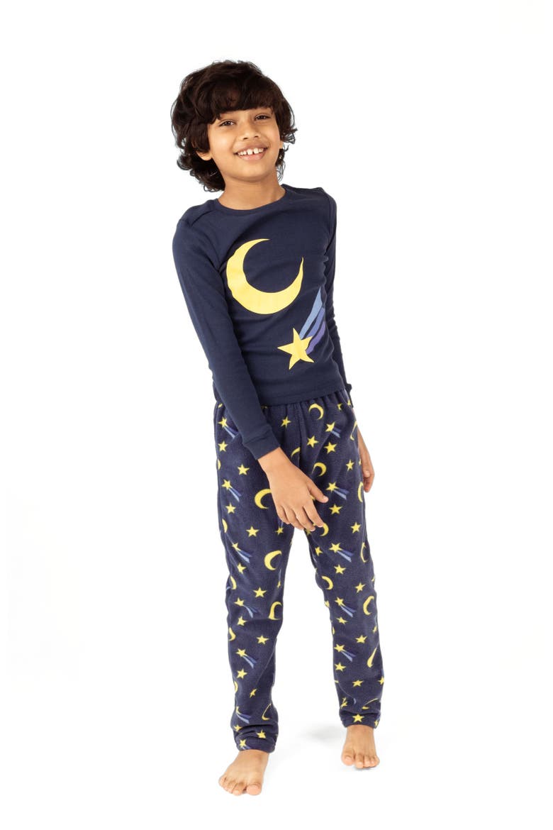 Kids Cotton Top & Fleece Pants Printed Matching Family Holiday Pajamas, Main, color, Moon